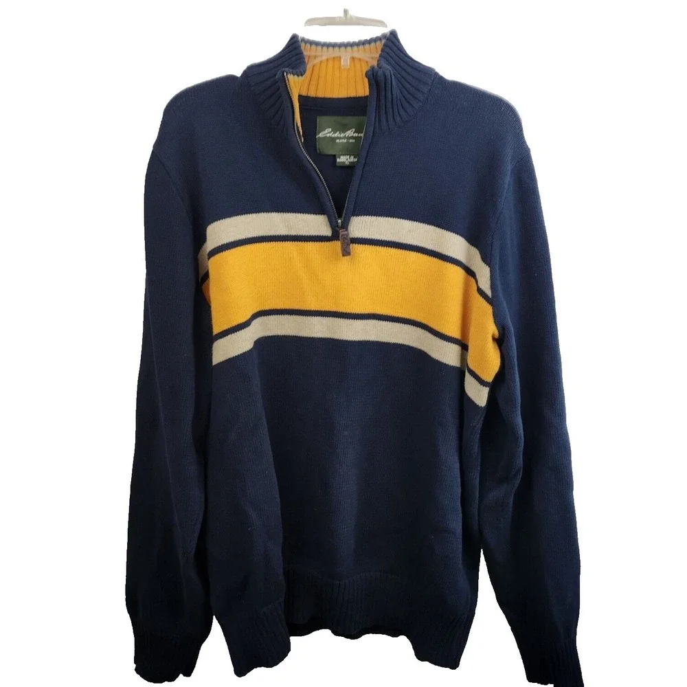 Eddie Bauer‎ Mens Sweater Large Tall Navy Blue Yellow 1/4 Zip Pullover Preppy